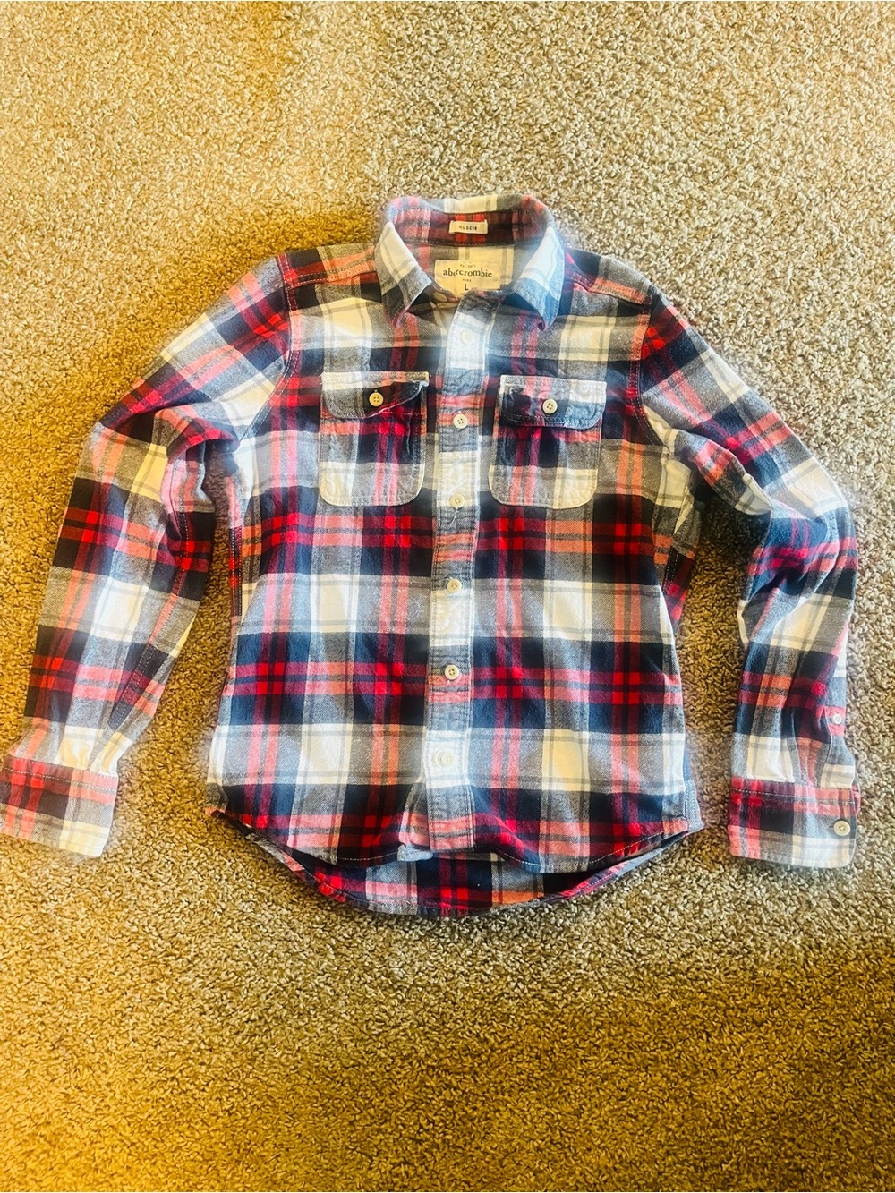 Boys Abercrombie Kids Long Sleeved Flannel Red/Blue Button Up Shirt Size Large